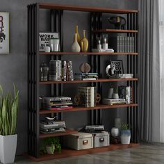 a bookshelf with various items on it in a room next to a potted plant