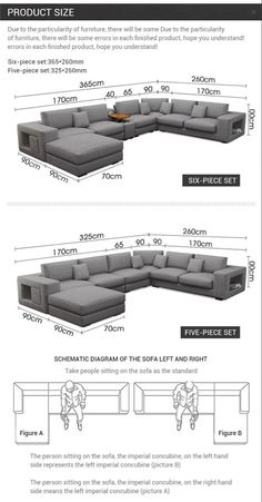 the sectional sofa is shown with measurements for each section and features an additional chaise lounge