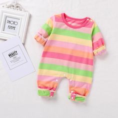 Baby Girls Rainbow Long Sleeve Romper Children Clothing Wholesale Usa - PrettyKid Multicolor Long Sleeve Onesie For Playwear, Cute Multicolor Long Sleeve Onesie, Summer Multicolor Cotton Onesie, Spring Multicolor Cotton Onesie, Wholesale Usa, Playful Multicolor Short Sleeve Onesie, Clothing Wholesale, Girl Rainbow, Children Clothing