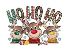 three reindeers with christmas decorations and the word ho hoo