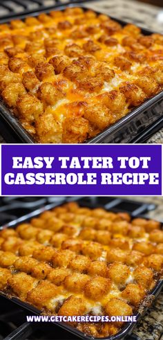 A freshly baked Tater Tot Casserole with crispy golden tater tots layered on top of a cheesy, hearty casserole recipe, served in a baking dish." Tater Tot Cheesy Casserole, Tater Tot Casserole With Eggs, Make Ahead Tater Tot Casserole, Easy Cheesy Tater Tot Casserole, Egg Casserole Recipes With Tater Tots, Easy Breakfast Tater Tot Casserole, Chicken Tater Tot Casserole Oven, Egg Tater Tot Casserole Breakfast, Morning Party Food Ideas