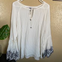 New Without Tags. Size Xl. Pretty Blouse. A Bit See Through Casual Long Sleeve Embroidered Beach Top, Casual Long Sleeve Embroidered Top For Beach, Summer Floral Embroidered Bell Sleeve Blouse, Summer Long Sleeve Embroidered Top For Brunch, Summer Bell Sleeve Blouse With Floral Embroidery, Floral Embroidered Bell Sleeve Blouse For Summer, Casual Embroidered Flowy Blouse, Casual Flowy Embroidered Blouse, Casual Embroidered Flowy Tops