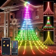 a christmas tree decorated with multicolored lights in front of a house at night