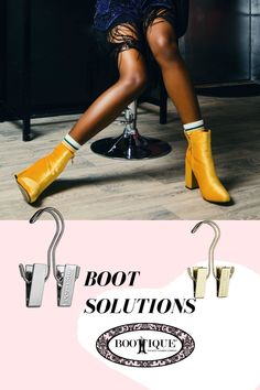 a woman sitting in a chair with yellow boots on her feet and the caption boot solutions