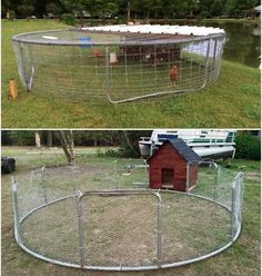 there is a dog house in the fenced off area and it has a chicken coop