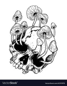 a black and white drawing of a skull with mushrooms on it's head, in the shape of a heart