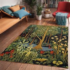 a living room filled with furniture and a large rug covered in plants on the floor