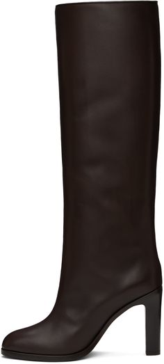 Knee-high buffed calfskin boots in brown. · Pinched seams throughout · Pointed toe · Buffed leather lining · Stacked wooden heel with rubber injection · Leather sole · Heel: H4 Supplier color: Dark brown Fitted Brown Calf Leather Boots, Fitted Brown Calf Leather Knee-high Boots, Brown Snip Toe Knee-high Boots With Reinforced Heel, Luxury Brown Knee-high Heeled Boots, Brown Calf Leather Knee-high Boots With Square Toe, Brown Square Toe Calf Leather Knee-high Boots, Brown Wide Calf Knee-high Boots With Leather Sole, Brown Snip Toe Boots For Office, Brown Square Toe Knee-high Calf Leather Boots