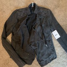 Brand New Free People Jacket. Paid $128. Color Is A Washed Black, Almost Grey. Winter Washed Black Outerwear With Zipper Closure, Washed Black Winter Outerwear With Zipper Closure, Fitted Washed Black Long Sleeve Outerwear, Washed Black Long Sleeve Outerwear With Zipper, Gray Long Sleeve Biker Jacket For Winter, Casual Gray Biker Jacket For Fall, Trendy Fitted Washed Black Outerwear, Fitted Charcoal Outerwear For Fall, Charcoal Fitted Outerwear For Fall