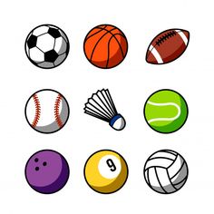 different types of sports balls on a white background