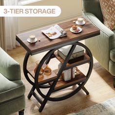 a wooden table with books and cups on it