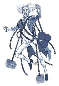 a drawing of an evil clown with chains around his neck and hands in the air