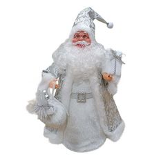 a santa clause figurine holding two white gloves and a silver hat on it's head