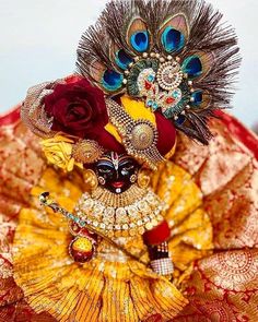 a close up of a person wearing a costume and headpiece with feathers on it