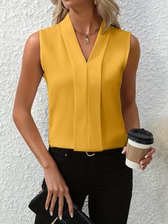 Sophisticated Elegance: Sleeveless V-Neck Blouse for Women – VVPIK Spring Office V-neck Tank Top, V-neck Tank Top For Office In Summer, Stretch V-neck Tank Top For Work, V-neck Blouse With Vest For Work, Elegant Yellow Sleeveless Blouse, Elegant Sleeveless Yellow Blouse, Yellow Sleeveless Blouse For Work, Blusas Top, Blouse For Women