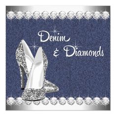 a pair of high heeled shoes on denim with diamonds and the words demin & diamonds