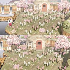 an animated image of a small house surrounded by trees and flowers