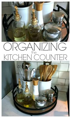 an image of a kitchen counter with utensils on it and the words organizing kitchen counter