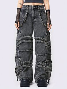 Casual Street Punk Style Metal Ribbon Decor Women Wide Leg Boy Friend Jeans Black Casual   Woven Fabric Plain Wide Leg Non-Stretch  Women Clothing, size features are:Bust: ,Length: ,Sleeve Length: Alternative Fashion Punk, Grunge Pants, Punk Clothes, Punk Jeans, Moda Grunge, Grunge Jeans, Street Punk, Jean Large, Estilo Punk