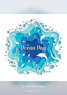 an ocean day poster with dolphins and corals