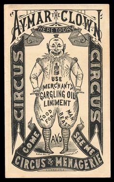 an old advertisement for circus clowns in front of a black and white background with the words