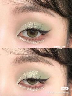 Dip Powder Nails Korean, Green Hoco Makeup Looks, Txt Eye Makeup, Under Eye Rhinestone Makeup, Green Eye Makeup Korean, Fairycore Wedding Makeup, Green Eye Makeup Asian, Sage Green Douyin Makeup, Green Eyeshadow Douyin