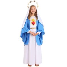 This Nativity Costume is perfect for plays or just holiday celebrations. The dress has an elastic waistband and a back zipper. On top of that is a shawl that can be draped as desired. The veil is shaped to sit on the head without requiring pins. Also included is a braided belt, halo, and a printed felt Sacred Heart medallion. Virgin Mary Costume, Mary Costume, Small Veil, Nativity Costumes, Veil Length, Blue Shawl, Dress With Shawl, Medium Dress, Large Dress