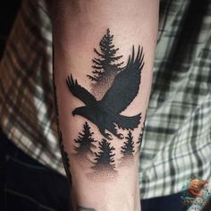 Elevate your style with this stunning eagle tattoo. Featuring a majestic eagle in flight amidst a forest of pine trees, this design is perfect for those seeking a bold and nature-inspired piece. Check out inktat2.com for more eagle tattoo designs. Blad Eagle Tattoo, Nordic Eagle Tattoo, Eagle In Flight Tattoo, White Eagle Tattoo, Bald Eagle Tattoos, Soul Tattoo, Pine Tree Tattoo, Symbol Of Power