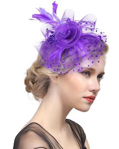 PRICES MAY VARY. 🌻[1920's Retro Glamour and Gorgeous Fascinator]:Fascinator Hat consists of a felt circle with a dotted tulle frill, topped with about 6 mesh petals, and in the center, a spiral rose made of mesh, the center of the rose Stick beaded tassel, and light cocktail feathers stick here and there. Make you look elegant and full of glamour! 🌷[One Size Fits Most]:Fascinator Hat comes with a headband and clip attachment, and the headband isn't as tight as many headbands that squeeze the h Purple Adjustable Fascinator With Short Brim, Cheap Purple Party Hats, Purple Feathered Costume Hats And Headpieces For Party, Purple Feather Fascinator For Wedding, Purple Feathered Wedding Fascinator, Summer Purple Feathered Fascinator, Mardi Gras Cocktails, How To Make Fascinators, Mesh Headband