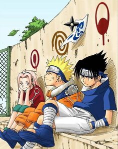 naruto and his friends are sitting on the bench