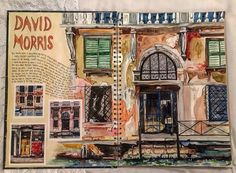 a drawing of a building with windows and shutters on the front, next to a sign that says david morris