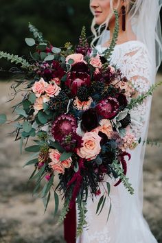 a woman holding a bouquet of flowers on her wedding day with instagrams below