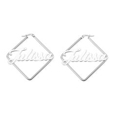 These personalized square name earrings are the perfect gift for any occasion. The unique square shape adds a modern touch to the classic hoop design. Customizable with any name, these earrings are perfect for birthdays, anniversaries, or just because. Show someone you care with these personalized earrings for her. Customizable Silver Earrings For Personalized Gift, Custom Name Silver Earrings For Anniversary, Silver Personalized Name Earrings For Gifts, Personalized Silver Earrings With Custom Name, Elegant Personalized Silver Hoop Earrings, Custom Name Sterling Silver Earrings, Personalized Silver Hoop Earrings With Name, Custom Name Silver Hoop Earrings For Anniversary, Custom Name Silver Hoop Earrings For Personalized Gift