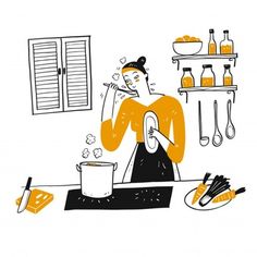 an illustration of a woman cooking in the kitchen