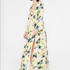 Aeryne Women's Maxi Dress With Split In All Over Lemon Print Beautiful Dress Brand New With Out Tag Perfect For Vacations Or Events Fitted Long Sleeve Summer Maxi Dress, Spring Printed Maxi Dress For Brunch, Summer Long Sleeve Maxi Dress For Garden Party, Summer Style Long Sleeve Maxi Dress For Garden Party, Summer Long Sleeve Maxi Dress, Dress With Split, Lemon Print, Womens Maxi Dresses, Beautiful Dress