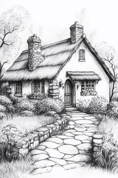 Cottage Sketches Village Pencil Sketch, Easy Village Drawing, Home Drawing Sketches, Fantasy World Drawing, Abi Carter, Village Sketch, Cottage Artwork