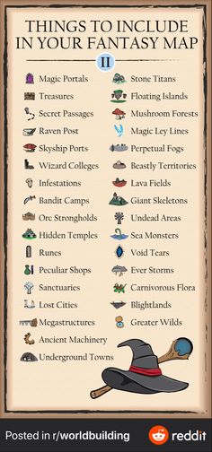 a wizard's hat with the words things to include in your fantasy map