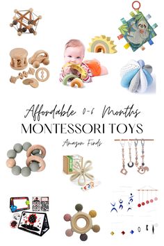 an advertisement for montessori toys with various items on the front and back cover