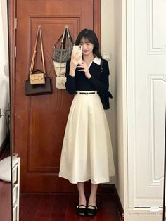 shirt https://s.shopee.co.id/3fijTKHNgY skirt https://s.shopee.co.id/5KqxSImj5w  credits to @btflfairy on twt Simple Elegant Korean Outfit, Korean Work Style, Korean Modest Dress, Work Outfits Korean Style, Modest Female Outfits, Korean Dress Outfit Elegant, Classic Style Essence Outfits, Ootd Rok Korean Style, Korean Elegant Style