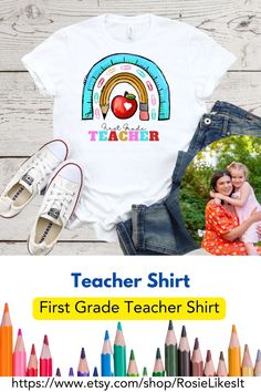 This first grade teacher shirt is sure to be an instant hit! If you're looking for a teacher tee for a first grade teacher, you will LOVE this bright and colorful rainbow of school supplies teacher shirt for a first grade teacher! Shirts For Grandma, Gardening Shirts Funny, School Supplies Teacher, Funny Grandma Shirts, Funny Grandpa Shirt, Fifth Grade Teacher, Shirts For Moms