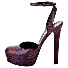 Gucci Worn Twice Markings to Soles Only From Gucci's 90th anniversary Fall Runway show, Frida Giannini cited her influence was Anjelica Huston $2425 * Python Heels * Rare Ad Runway Heels * Size: 36.5 * Purple & Orange Snakeskin Python Throughout * Adjustable Ankle Strap Heels: 5.5" Platforms: 1" * With Gucci Box Black Sock Boots, Burberry Boots, Century Shoes, Chic High Heels, Anjelica Huston, Ballerina Heels, Fall Runway, Gucci Pumps, Gucci Boots