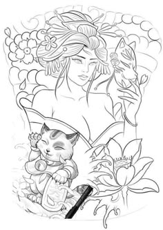 a drawing of a woman holding a cat next to flowers and an angel with wings