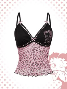 Women's Cartoon Character Rhinestone Pattern Heart Leopard Print Color Block Cami Top For Summer Black Casual,Sexy   Fabric Colorblock,Leopard Print,All Over Print Cami High Stretch  Women Clothing, size features are:Bust: ,Length: ,Sleeve Length: Heart Leopard Print, Heart Leopard, Karakter Disney, Looks Party, Y2k Clothes, Pink Leopard Print, Plus Size Tank Tops, Really Cute Outfits, Inspiration Mode