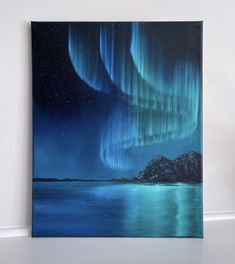 a painting of an aurora bore over water with mountains in the background