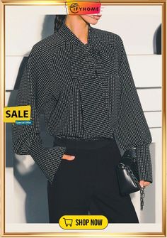 Elegant Polka Dots Bow Loose Blouse Feminine Long Sleeve Polka Dot Blouse, Polka Dot Button-up Blouse For Work, Fitted Polka Dot Button-up Blouse, Fitted Button-up Blouse With Polka Dot Pattern, Long Sleeve Polka-dot Blouse With Button Closure, Loose Blouse, Ladies Tops Fashion, Polka Dots, Top Blouse