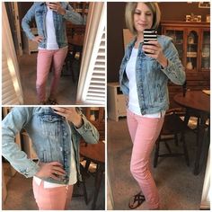 Spring 2018 outfit / / Copy the look NOW! / / peach crop pants / / distressed denim jacket / / sandals / / #afflink, #ShopStyle #shopthelook #SpringStyle #WearToWork #OOTD Pink Crop Pants Outfit, Colored Jeggings Outfits, Pink Pants Outfit Spring, Light Pink Pants Outfit, Colorful Jeans, Closet Outfits, Jeggings Outfit