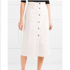 Brand New Women's Midi Skirt By Goldsign Retail Price $295 Size 32 Waist: 32" Length Measured Back To Bottom: 32" * White Denim; 100% Cotton * 5 Pockets * Gold Logo Button Front Please Let Me Know If You Have Any Additional Questions And Feel Free To Check Out My Other Listings. Thanks! 40200 Chic White Denim Skirt For Work, White Midi Skirt With Button Closure, White Skirt With Button Closure For Work, Button Front Midi Skirt, Button Down Denim Skirt, Button Front Denim Skirt, Midi Denim, Denim Jean Skirt, Denim Midi Skirt