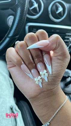 White Nails Pointy Shape, Almond Bow Acrylic Nails, White Stilettos Nails, French Tip Almond Nails With Pearls, Diamond And Pearl Nail Designs, Almond French Tip Nails With Pearls, Cute Nails Acrylic Stilettos, Nail Ideas Pointy Shape, Black Nail Set Ideas