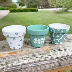 three flower pots sitting on top of a wooden table