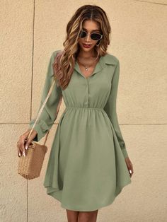 Vestido corto casual sencillo de unicolor con botones frontales y manga larga para mujeres Verde Casual  manga larga Tela Liso A línea,Camisa No-Elástico  Women Clothing, size features are:Bust: ,Length: ,Sleeve Length: Casual Outfit Office Woman, Fall/winter Dresses, Wrap Dress Outfit, Thrift Inspo, Clothes Wishlist, Plain Shirt, Belted Shirt Dress, Summer Styles, Short Dresses Casual